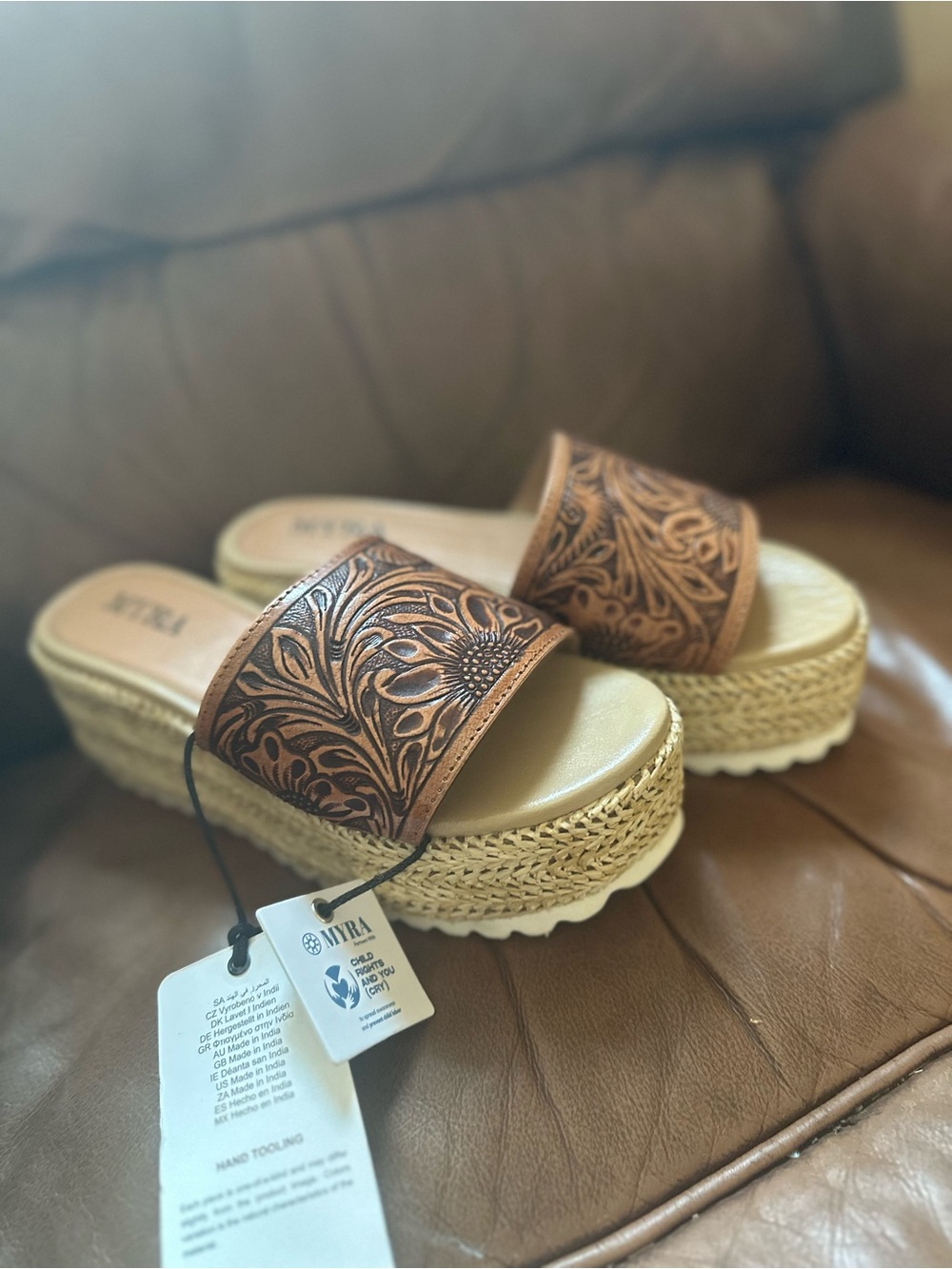 Myra Bag Brown Hand-Tooled Floral Platform Slide Sandals